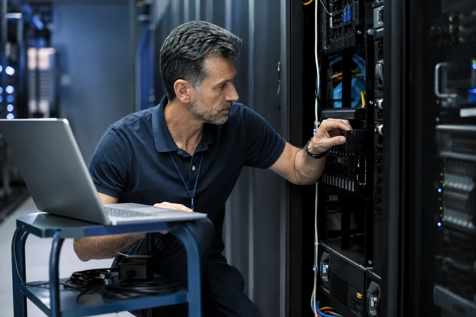 Security engineer checking a server rack with a laptop on a cart