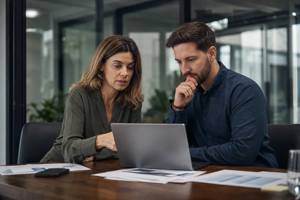 Security lead and engineer reviewing a vendor shortlist on a laptop in a conference room