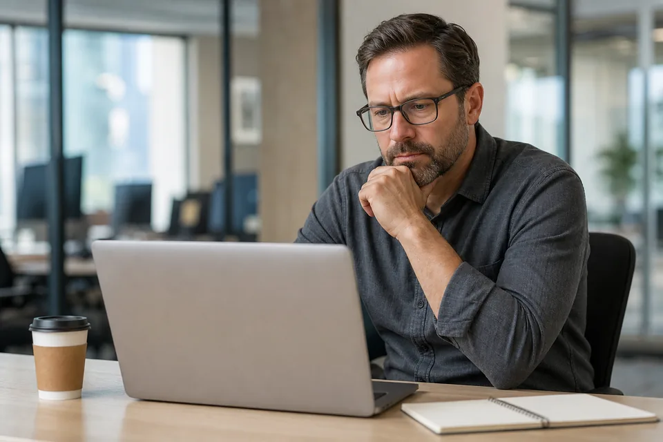 IT administrator thinking over a decision at his desk with a laptop turned away from the camera