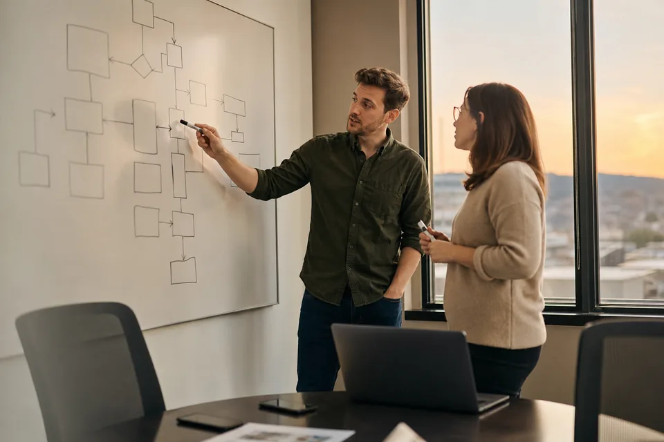 Two engineers comparing architecture options at a whiteboard in a small office