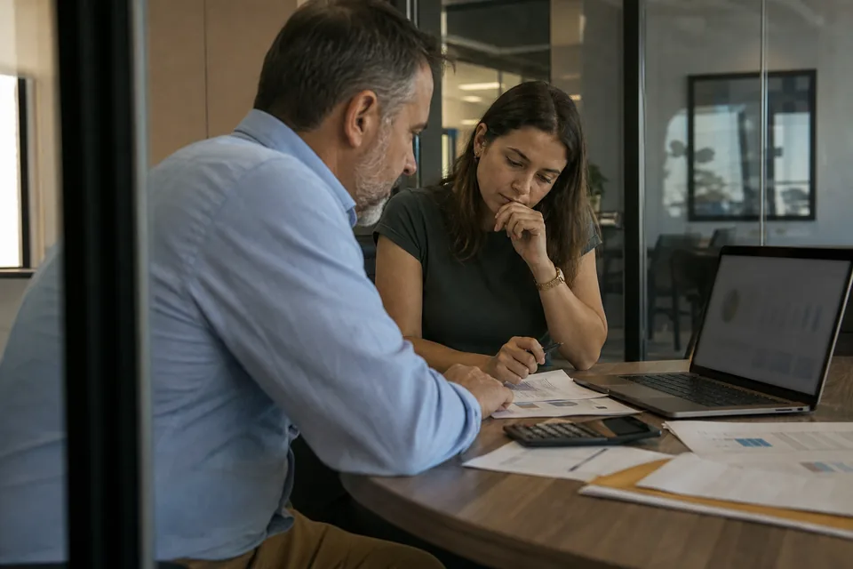 Two IT procurement leads reviewing a printed software renewal quote with a calculator in a meeting room