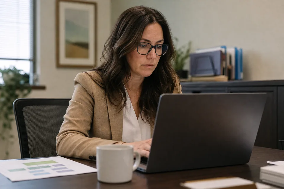HR operations lead reviewing a pending compensation change request on a laptop in an office