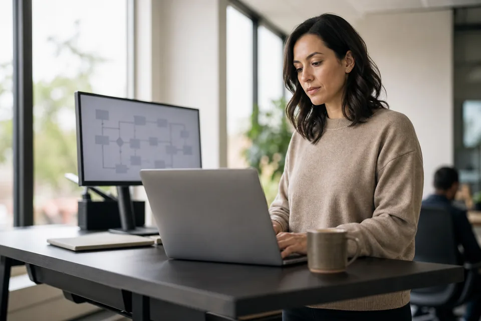 Operations manager reviewing an automation approval request on a laptop